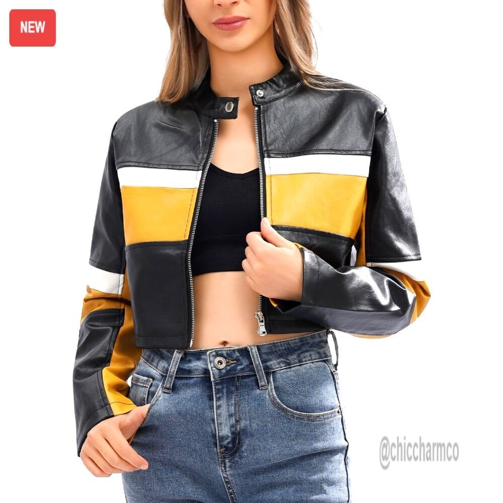 Cropped Faux Leather Moto Jacket Chic Y2K Retro Biker Bomber Zip Up